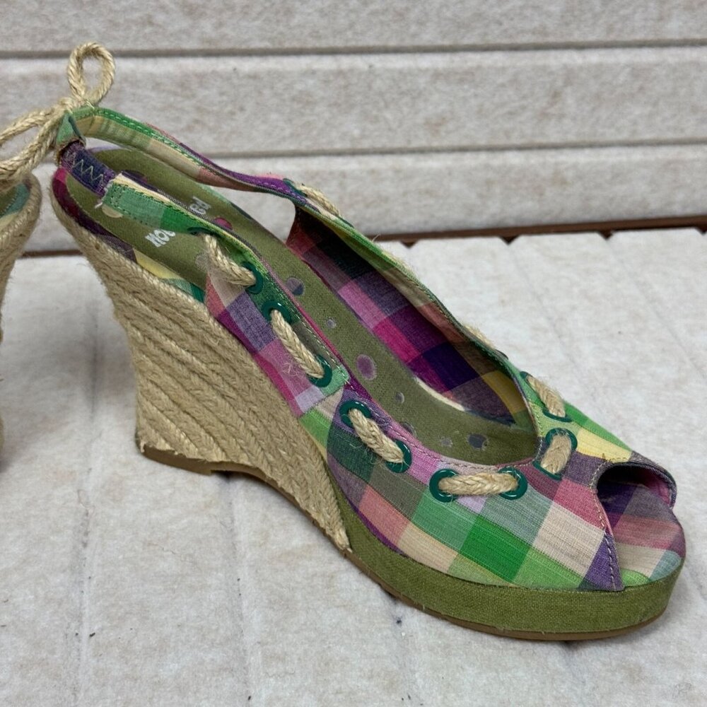 Not Rated Plaid Espadrille Wedge Sandals Peep Toe Slingback Women 8.5 - Picture 6 of 11